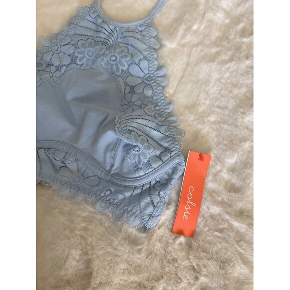 Colsie sz XS Blue High Neck Lace Bralette Bra Lace Overlay Halter Tank - Picture 3 of 7